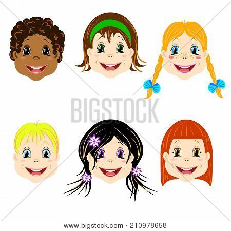 Vector set of children heads with different types of haircut and colors of eyes for avatars and icons isolated