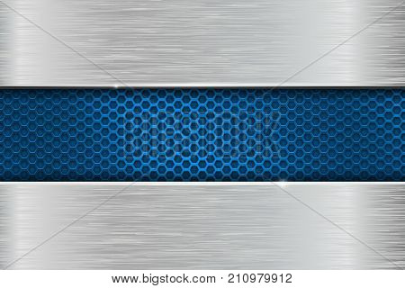 Iron brushed metal background with blue perforation. Vector 3d illustration