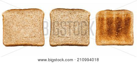 Set of three slices of fresh bread for toast isolated on white background. Close up. Top view