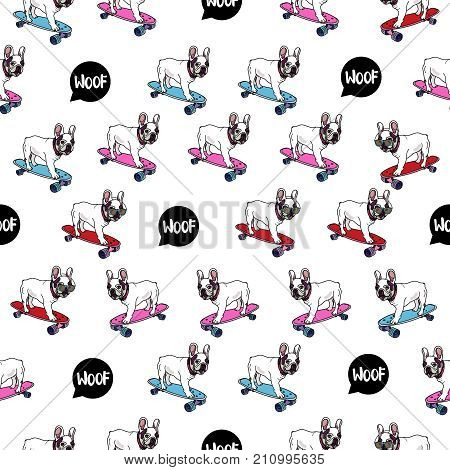 French Bulldog on skateboard seamless pattern on white background. Vector illustration.