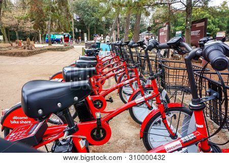 Nara, Japan, January 15 2019 : Japan Public Travel Bikes Of Docomo Company Parked For Tourists Inter