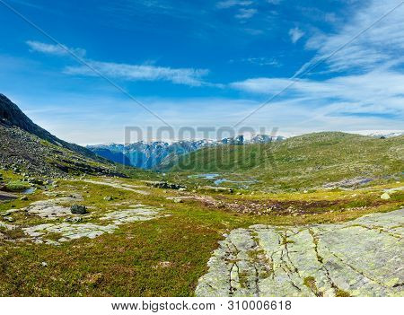 Summer Roldal Highlands Plateau Mountain Landscape With Small Lakes On Slope (norway, On Hiking Rout