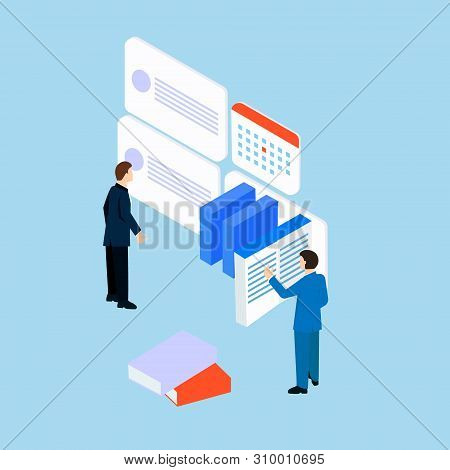 Isomatric Business Analytic Library. Infographic Research. People Working In The Office.