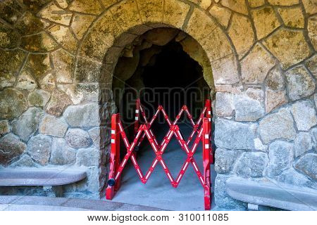 Close Up Of Folding Fence Or Red And White Folding Barrier. No Entry Or Passage Is Closed.