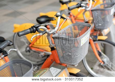 Taipei, Taiwan - May 12th, 2019:row of bicycles called Ubike, a bike sharing system service used by citizens as short-distance transit vehicles in Taipei, Taiwan, Asia