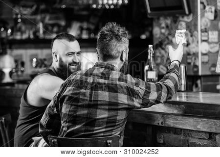 Friday Relaxation In Bar. Friends Relaxing In Pub. Hipster Brutal Bearded Man Spend Leisure With Fri