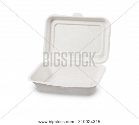 Bagasse Box For Food Isolated On White Background, Saved Clipping Path. It Is Made From Nature Go Gr