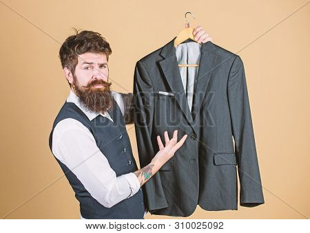 Tailored Suit Concept. Fashion For Business People. Custom Made Suit. Man Bearded Fashion Couturier 