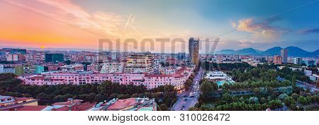 Tirana, Albania - June 2019: Areal View From Sky Tower To Tirana City Center At Sunset Main Sights O