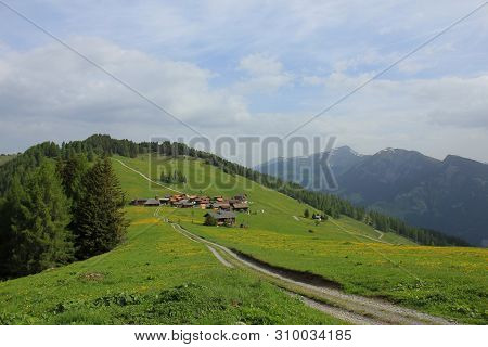 Idyllic Swiss Village Obermutten In Early Summer.
