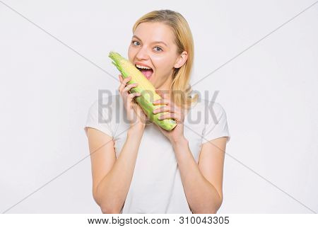 Farming, Farmer Girl With Maize. Agriculture And Cultivation. Corn Crop. Vitamin And Dieting Food. H