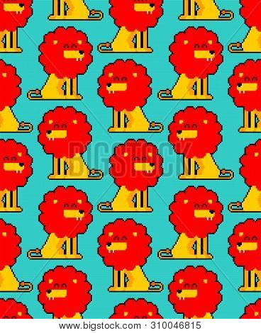 Lion Pixel Art Pattern Seamless. Cute Leo 8 Bit Background. Vector Texture