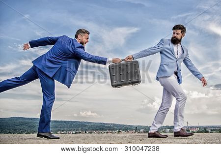 Men Suits Handover Briefcase. Rascal Racketeer Extortionist Cheating Business Transaction. Risky Tra