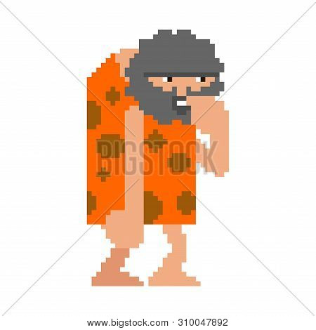Prehistoric Man Pixel Art Isolated. Caveman 8 Bit. Ancient Man