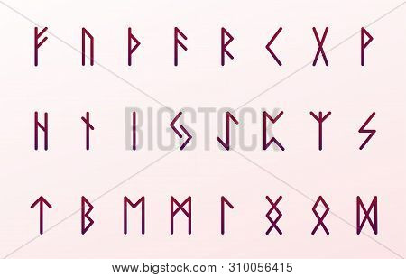 Set Of Ancient Norse Runes. Runic Alphabet, Futhark. Ancient Occult Symbols. Illustration. Old Germa
