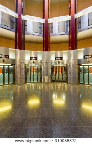 Barcelona, Spain - September 06, 2018: The Lifts Linking The Lines L1 And L9, And The Lobby In The F