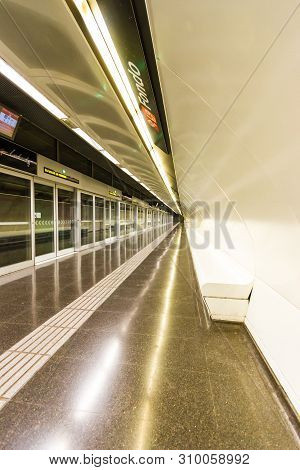 Barcelona, Spain - September 06, 2018: The Platform On The L9 In The Fondo Metro Station