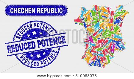 Assemble Chechen Republic Map And Blue Reduced Potence Textured Seal Stamp. Colored Vector Chechen R