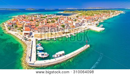 Colorful Island Of Krapanj Aerial Panoramic View, Sea Sponge Harvesting Village, Sibenik Archipelago