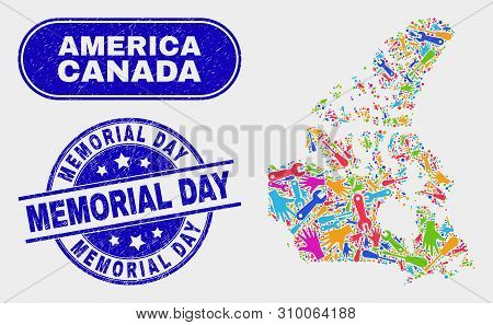 Service Canada V2 Map And Blue Memorial Day Distress Seal Stamp. Colorful Vector Canada V2 Map Mosai