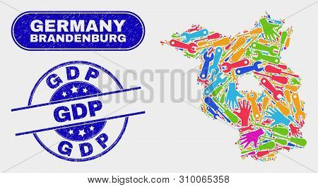 Element Brandenburg Land Map And Blue Gdp Grunge Seal Stamp. Colored Vector Brandenburg Land Map Mos