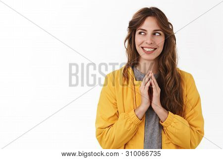 Scheming Evil Plan. Smart Creative Young Mysterious Girl Twiddles Fingers Thinking Excellent Idea Sm