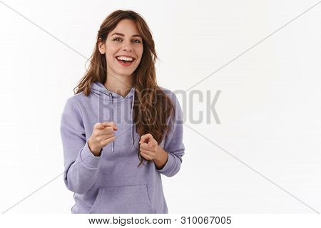 Cheerful Young Girl Smiling Broadly Friendly Carefree Gaze Pointing Fingers Camera Amused Have Upbea
