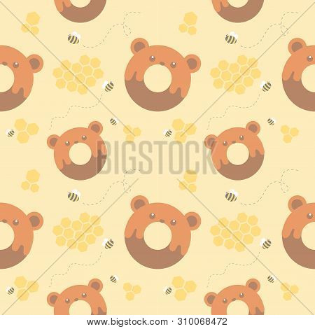 Seamless Pattern Bear Donut And Honeycomb On Yellow Background