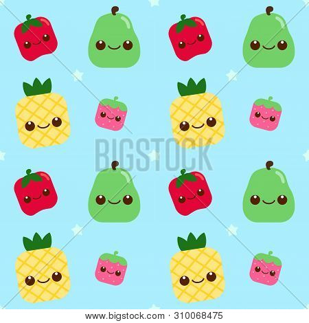 Seamless Pattern Cute Fruit On Blue Background.