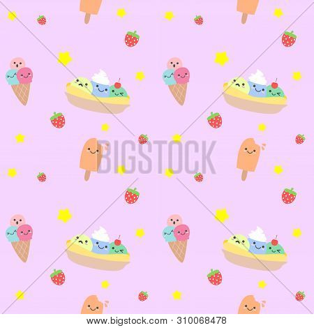 Seamless Pattern Ice Cream,fruit And Star On Yellow Background.