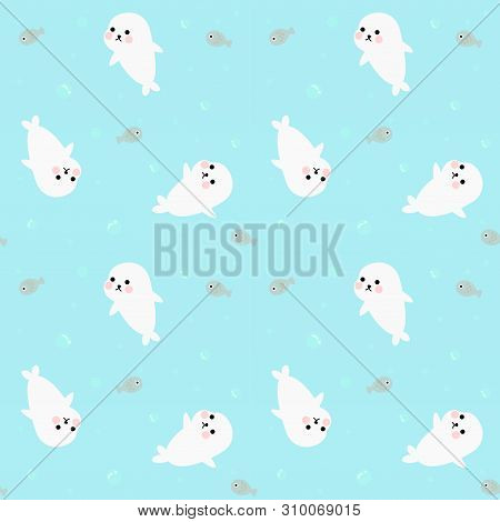 Seamless Pattern White Seal And Little Fish.
