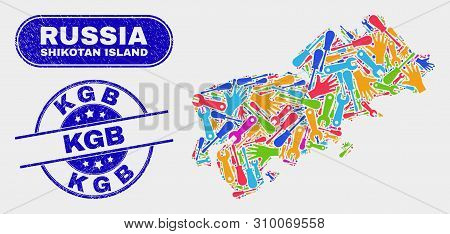 Constructor Shikotan Island Map And Blue Kgb Distress Seal. Bright Vector Shikotan Island Map Mosaic