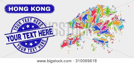 Construction Hong Kong Map And Blue Your Text Here Grunge Seal. Colored Vector Hong Kong Map Mosaic 