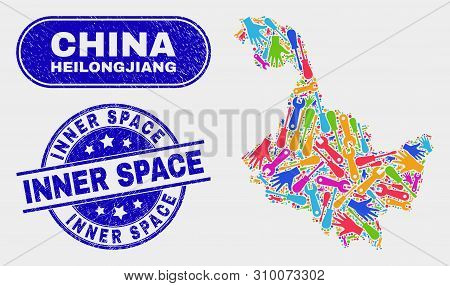 Construction Heilongjiang Province Map And Blue Inner Space Scratched Stamp. Colorful Vector Heilong