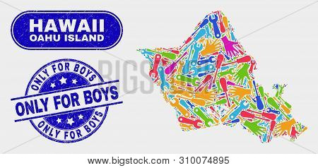Construction Oahu Island Map And Blue Only For Boys Scratched Seal Stamp. Colorful Vector Oahu Islan