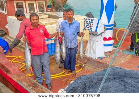 Al Khor, Qatar - February 23, 2019: Fishermen On Traditional Dhow Show To Big Fresh Fishs. Al Khor R