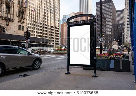 Blank Billboard At Bus Stop For Advertising, Chicago City Buildings And Street Background