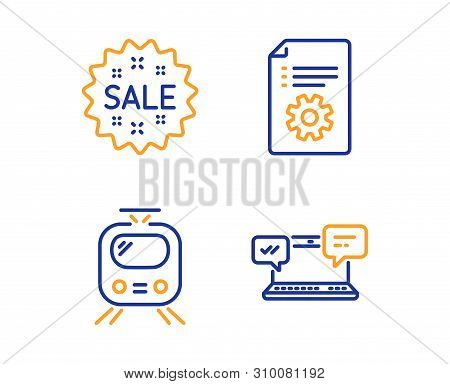 Train, Technical Documentation And Sale Icons Simple Set. Internet Chat Sign. Tram, Manual, Shopping