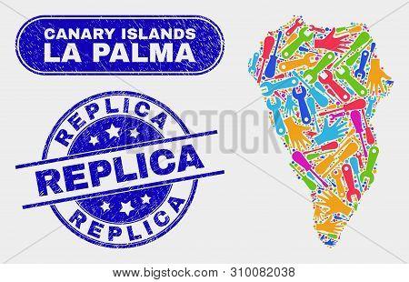 Engineering La Palma Island Map And Blue Replica Grunge Seal. Bright Vector La Palma Island Map Mosa