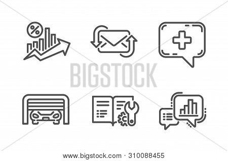 Refresh Mail, Medical Chat And Loan Percent Icons Simple Set. Parking Garage, Engineering Documentat