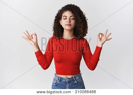 Keep Mind Set. Attractive Relaxed Relieved Meditating Young Woman Perform Breathing Practice Lunch B