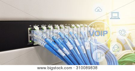 Network Line Cables In Data Center Room Background With Virtual Reality Icon Diagram