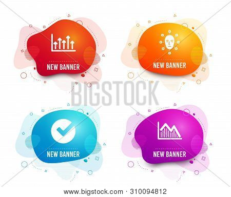 Liquid Badges. Set Of Verify, Face Biometrics And Growth Chart Icons. Investment Graph Sign. Selecte