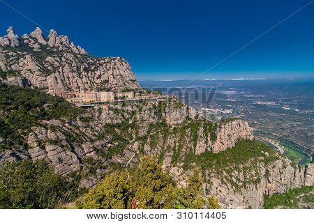 Aerial View On Santa Maria De Montserrat Abbey In Montserrat Mountains, Spain