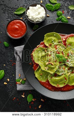 Italian Ravioli Pasta Stuffed With Basil Pesto, Creamy Ricotta And Crunchy Pine Nuts. Healthy Vegeta