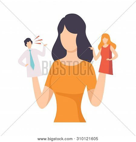 Young Woman Manipulating People Like Puppets, People Controlled By Puppet Master Vector Illustration