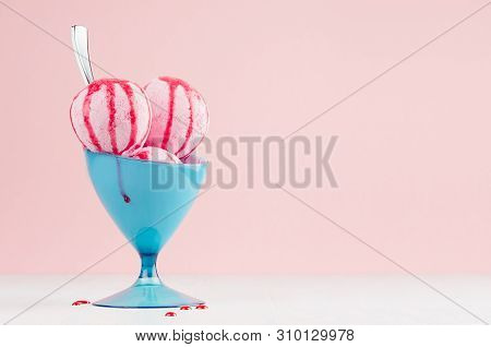Classic Strawberry Ice Cream Balls In Blue Bowl With Red Sweet Sauce, Spoon On White Wooden Table, S