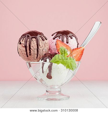 Ice Cream Scoops With Slices Strawberry, Green Mint, Spoon, Chocolate Sauce In Bowl In  Pink  Interi