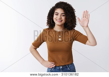 Hello Howdy. Attractive Charming Friendly Female Office Assistant Raise Hand Waving Greeting Gesture