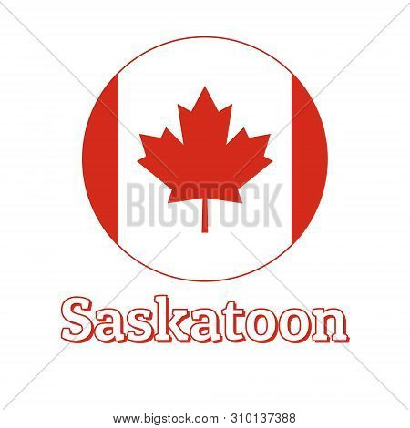 Round Button Icon Of National Flag Of Canada With Red Maple Leaf On The White Background And Letteri